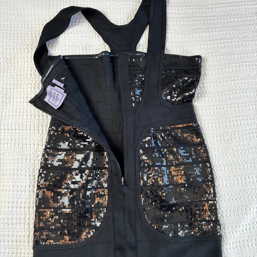 Herve Leger Bandage Dress Mini Jordan Black Sequin LBD Body Con Large - Picture 5 of 12